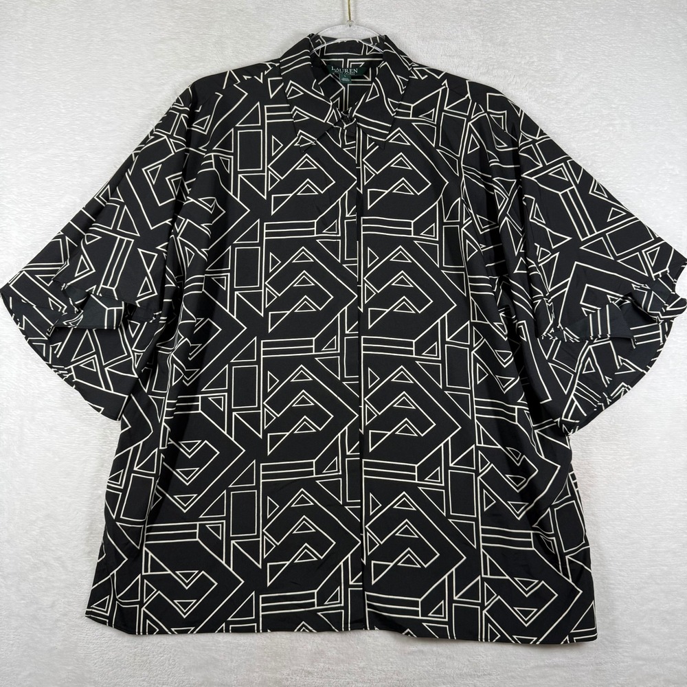 Lauren Ralph Lauren Womens Large Black White Geometric Short Sleeve Button Shirt